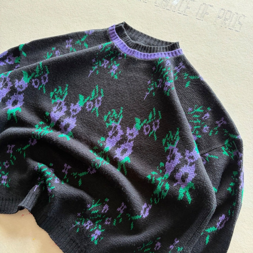 Vintage 90s Floral Knit Sweater Black Purple Green Streetwear Baggy Crewneck
